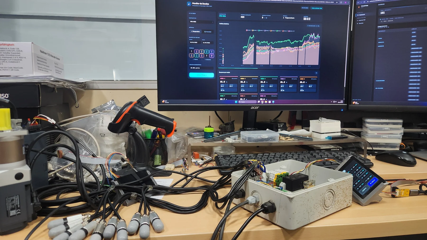 Banco de pruebas con diez sondas, electrónica, pantalla táctil y monitor web.