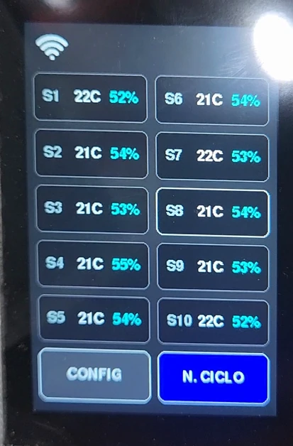Fotografía de la pantalla táctil mostrando temperatura y humedad de diez sondas.
